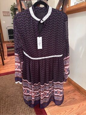 Boho Floral-Print Long Sleeve Dress in Deep Purple DIYA